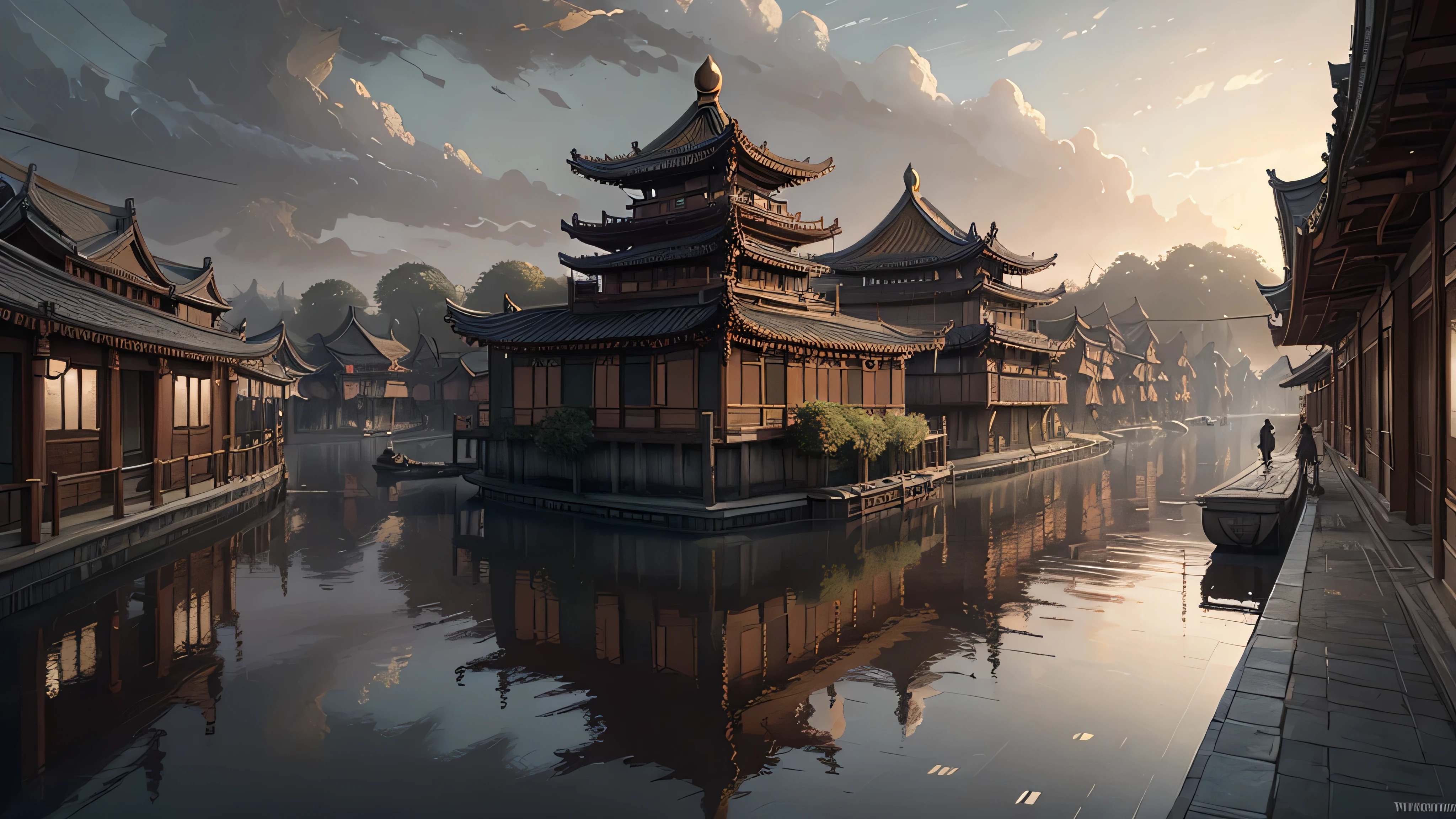 A beautiful painting of the Dusk in China's water town by greg rutkowski and thomas kinkade, Trending on artstation A beautiful painting of a Chinese water city at dusk by greg rutkowski and thomas kinkade on artstation with fewer repetitive buildings 