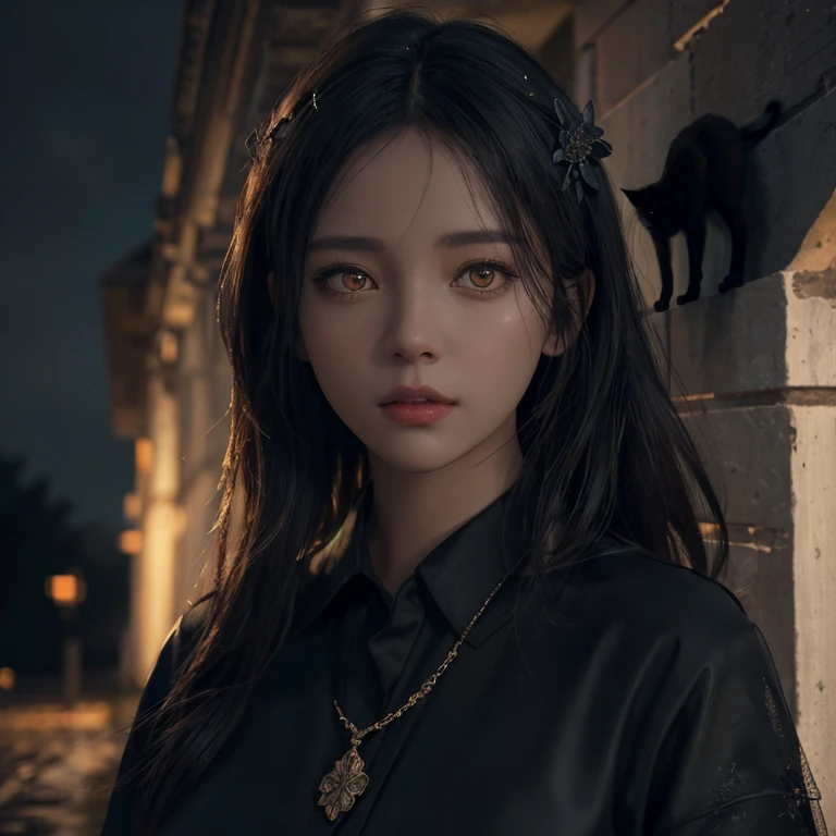 highest quality, rain, Fantasy, Walk through the ruins of ancient buildings, One girl, Detailed clothing, Glowing Eyes,Shiny winter ornaments), Sharp focus,(Super detailed, Very detailed),(Photorealistic artwork:1.37),(Very detailed CG unity 8k wallpaper),(((Dark colors, Dark Theme))),(complicated),(masterpiece),(highest quality),Artistic photography,(Photography by sldr),(complicated background),perfectly rendered face,Perfect facial details,Realistic Face,Photorealistic,Analog Style,((complicated detail)),(((realism))), Walking with a black cat, A cat and a girl