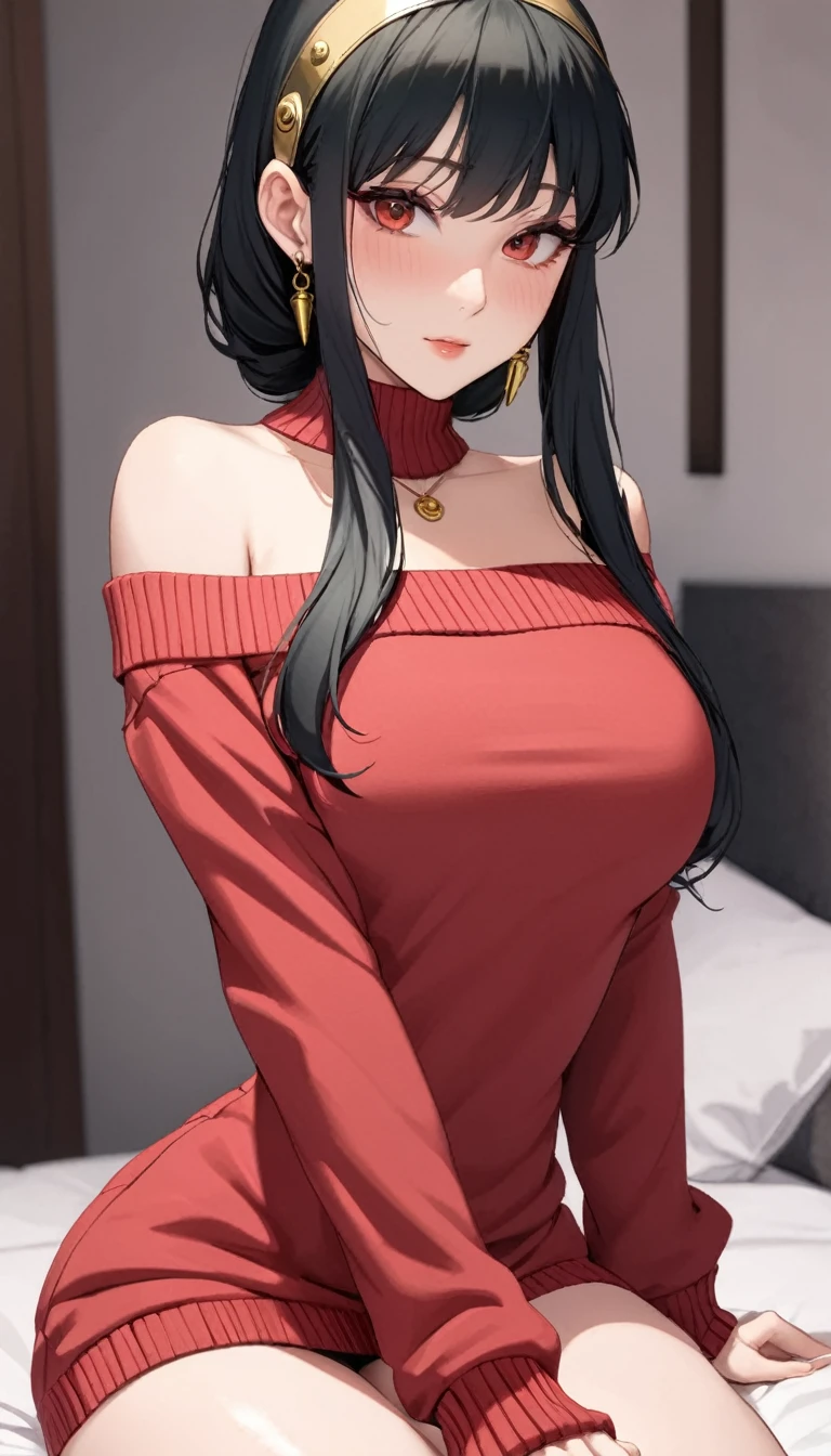 masterpiece,best quality, off-shoulder_sweater, solo, yor_briar, 1girl, red_sweater, looking_at_viewer, highres, pink_hairband, gold_earrings, 