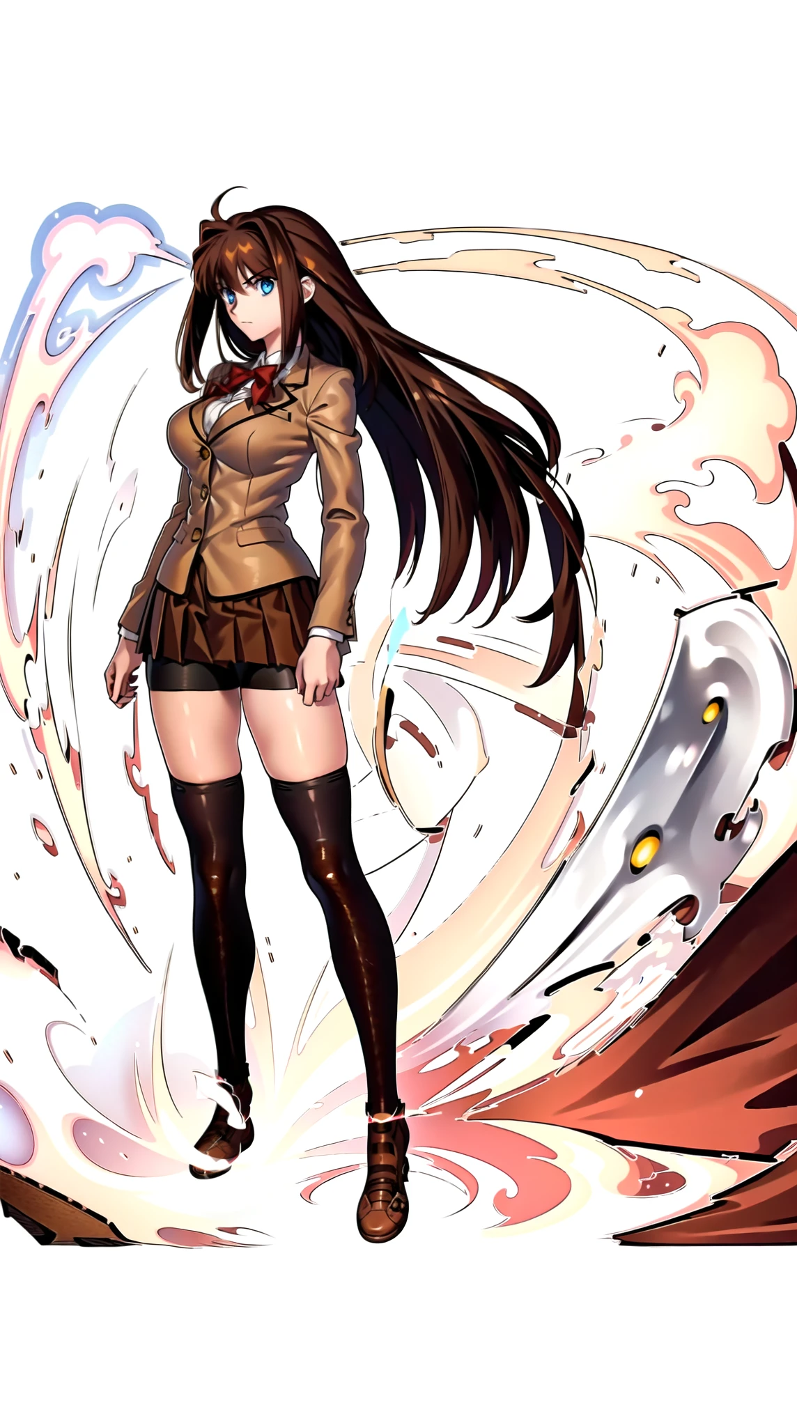 BREAK, centered, BREAK, (EMPTY BACKGROUND), BREAK, (masterpiece), best quality, highest resolution, 8k, illustration, (beautiful detailed eyes:1.5), perfectface, extremely detailed body, CG, perfect hands, perfect anatomy, ((1girl)), ((solo)), (((bbaoko))), ((2 legs max)), ((2 feet max:1.5)), ((swirling vortex shaped longest brown hair:1.5)), (brown longest hair with slightly reddish undertone:1.6), (lush luscious longest brown hair:1.6), (very long voluminous longest brown hair:1.5), serious, blue eyes, red bowtie, (Form-fitting beige blazer:1.5), brown jacket, (highly detailed beautiful face:1.2), ((Flowing skirt)), Wind, (white shirt:1), (well shaped large breasts:1.6), (nice hips:1), pretty legs, ((thigh-high black stockings:1.6)), (((Umber pleated skirt:1.6))), (((large bike-shorts:1.6))), (toned visible skin thighs:1.6), (strap shoes brown color), (facing front:1.5), ((standing straight:1.5)), ((Fullbody in frame:1.5)), ((Full body:1.5)), (takeuchi takashi:1.3)
