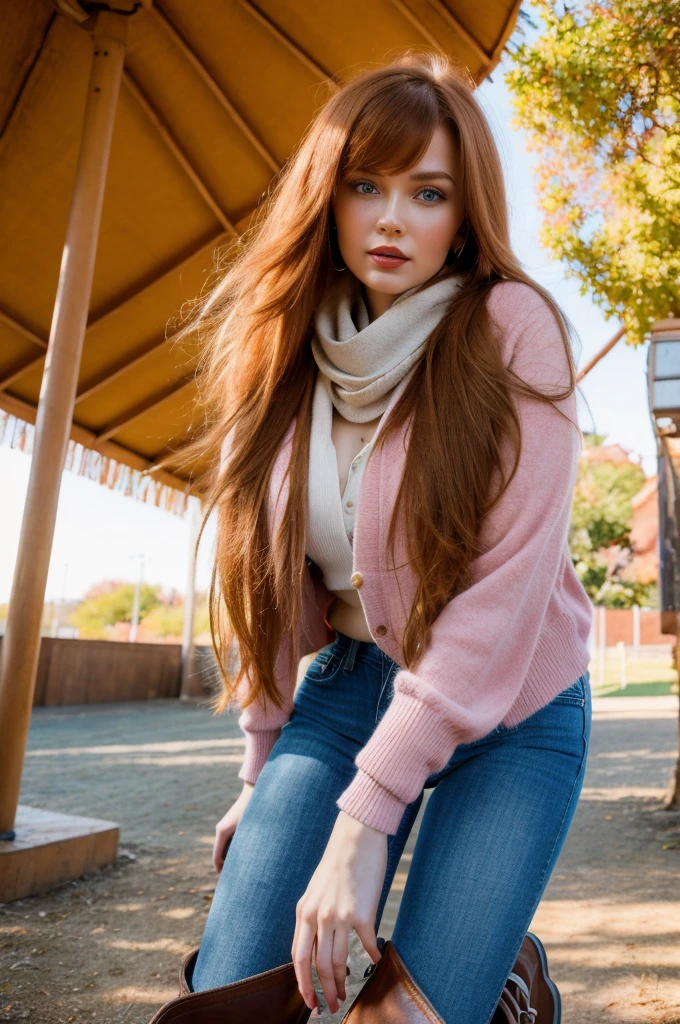 Photorealistic portrait of a Belarusian woman with long ginger hair, bangs, fair porcelain skin, soft makeup with crimson lipstick, posing at a playground in a leather jacket, cardigan, skinny denim jeans, riding boots, pink scarf, warm, inviting expression, dynamic range highlights textures of clothing and ginger hair, sunlight creating gentle glow on skin, background blurred with bokeh effect emphasizing subject, golden