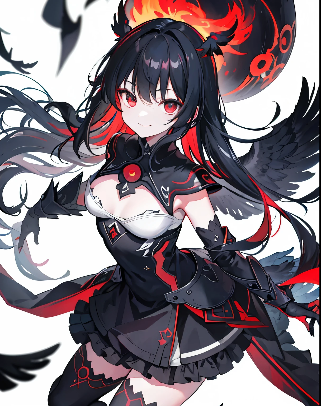 Art Station, White Background, Long black hair、Standing in the Wilderness,whole body、Equipped with Crow Gauntlets、triumphant smile、Small breasts、, As if smoke and shadows were given shape, Wings made from giant crows, Dancing crow feathers, Many glowing red eyes, Shadow Claw, Supernatural Lightning and Fire, ((black sun)), 8K High Resolution, トレンドArt Station, whole body,Black ruffled dress、A whirlpool of countless red-eyed crows、Nova explosion、Black Hole