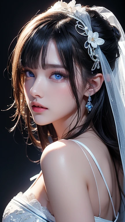 masterpiece, highest quality, Very detailed, To the camera, 複雑に詳細なVery detailed, Realistic, Sharp features, Very detailed, Sharp focus, Perfect Face, Perfect Face, Perfect symmetry and perfect eyes, Perfect Plump Lips, Flexible female form, Cinematic, Film Light, Very detailed, hyper Realistic, masterpiece, Atmospheric, High resolution, Vibrant, Dynamic Studio Lighting, ((Dark Background)), The expression when enduring pleasure, Straight bangs, blue eyes,Cowboy Shot,Sexually aroused expressions、White Wedding Dress