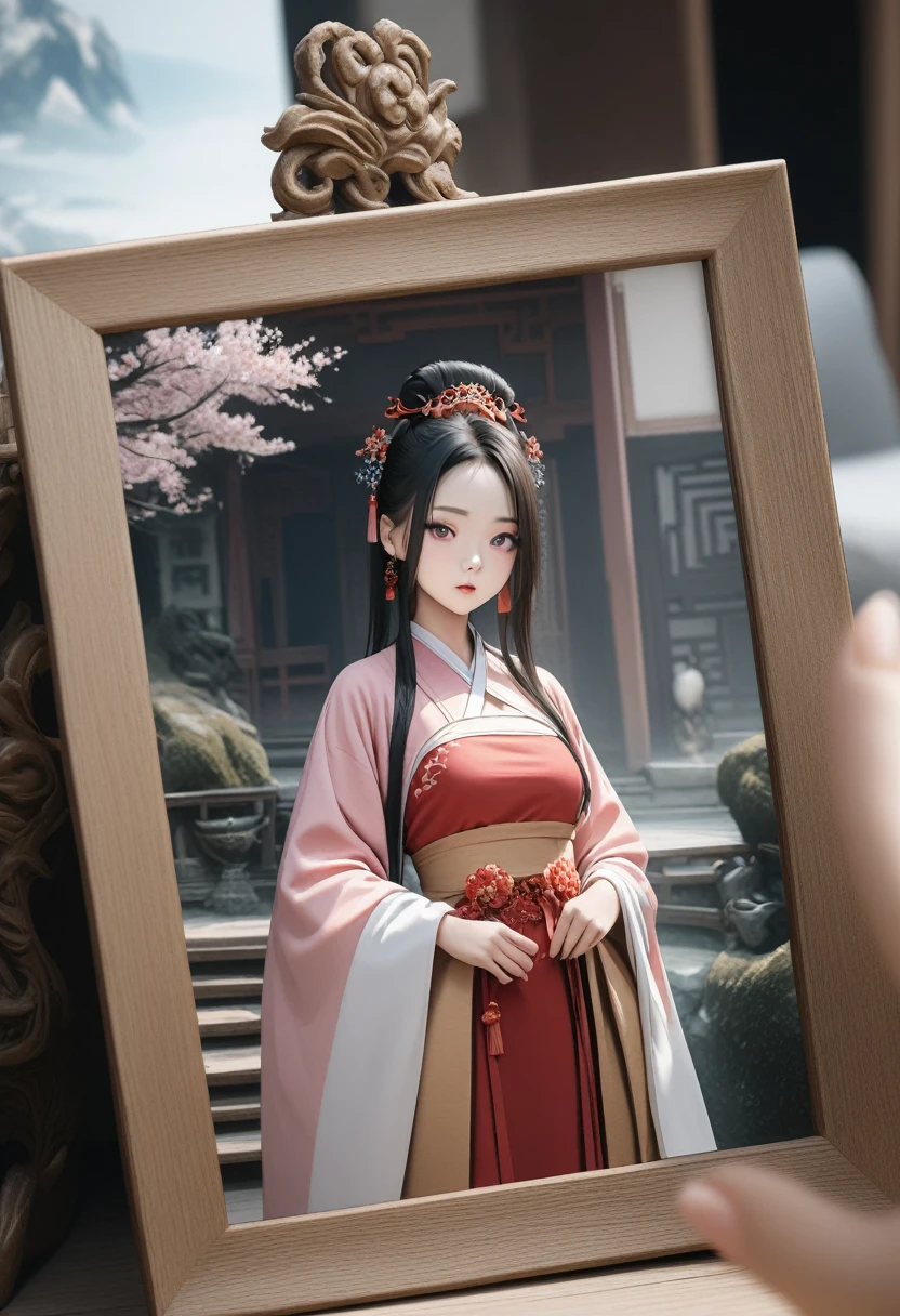 1 Girl, Solitary, Hanfu, China costume, (side:1.2), look to viewer, photo, realism anime, Ultra-high resolution, RAW photos, photo shoot, professional, Amazing details, rich and colourful, point of view, sharp focus, short depth of field, Digital Art Rendering, Surrealism, masterpiece, best quality, masterpiece, best quality, best quality, 8K