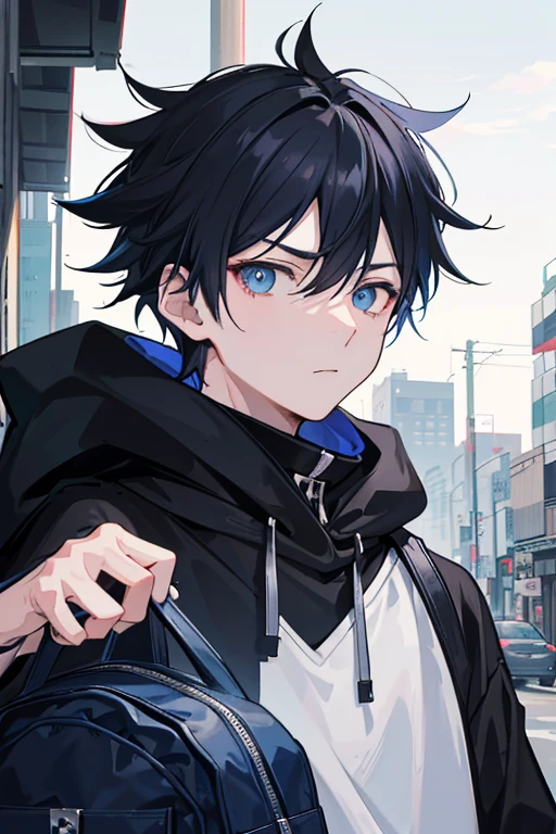 -yeld ma walking on bustling Japanese streets, (close-up of face with focus on black hair and blue eyes), wearing a black hoodie and carrying a school bag, (background filled with intricate details of the cityscape), as Jujutsu Kaisen curses roam in the background, (a distinctive sense of tension and anticipation permeating the scene).