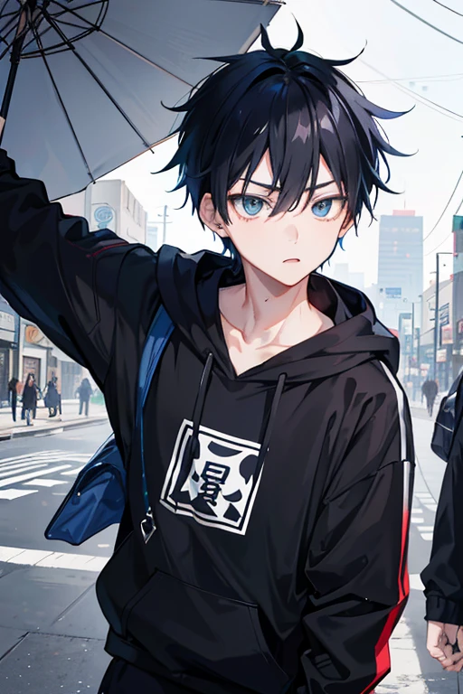 16-year-old male, walking on bustling Japanese streets, (close-up of face with focus on black hair and blue eyes), wearing a black hoodie and carrying a school bag, (background filled with intricate details of the cityscape), as Jujutsu Kaisen curses roam in the background, (a distinctive sense of tension and anticipation permeating the scene).