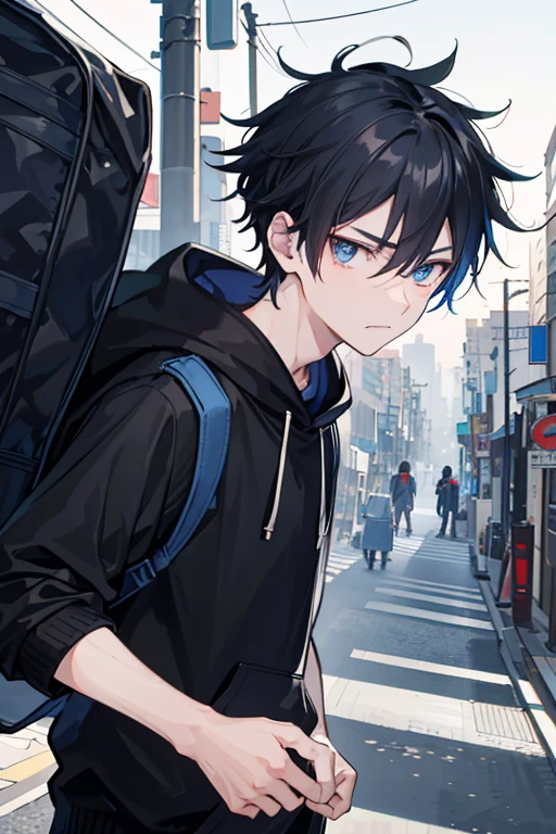 16-year-old male, walking on bustling Japanese streets, (close-up of face with focus on black hair and blue eyes), wearing a black hoodie and carrying a school bag, (background filled with intricate details of the cityscape), as Jujutsu Kaisen curses roam in the background, (a distinctive sense of tension and anticipation permeating the scene).