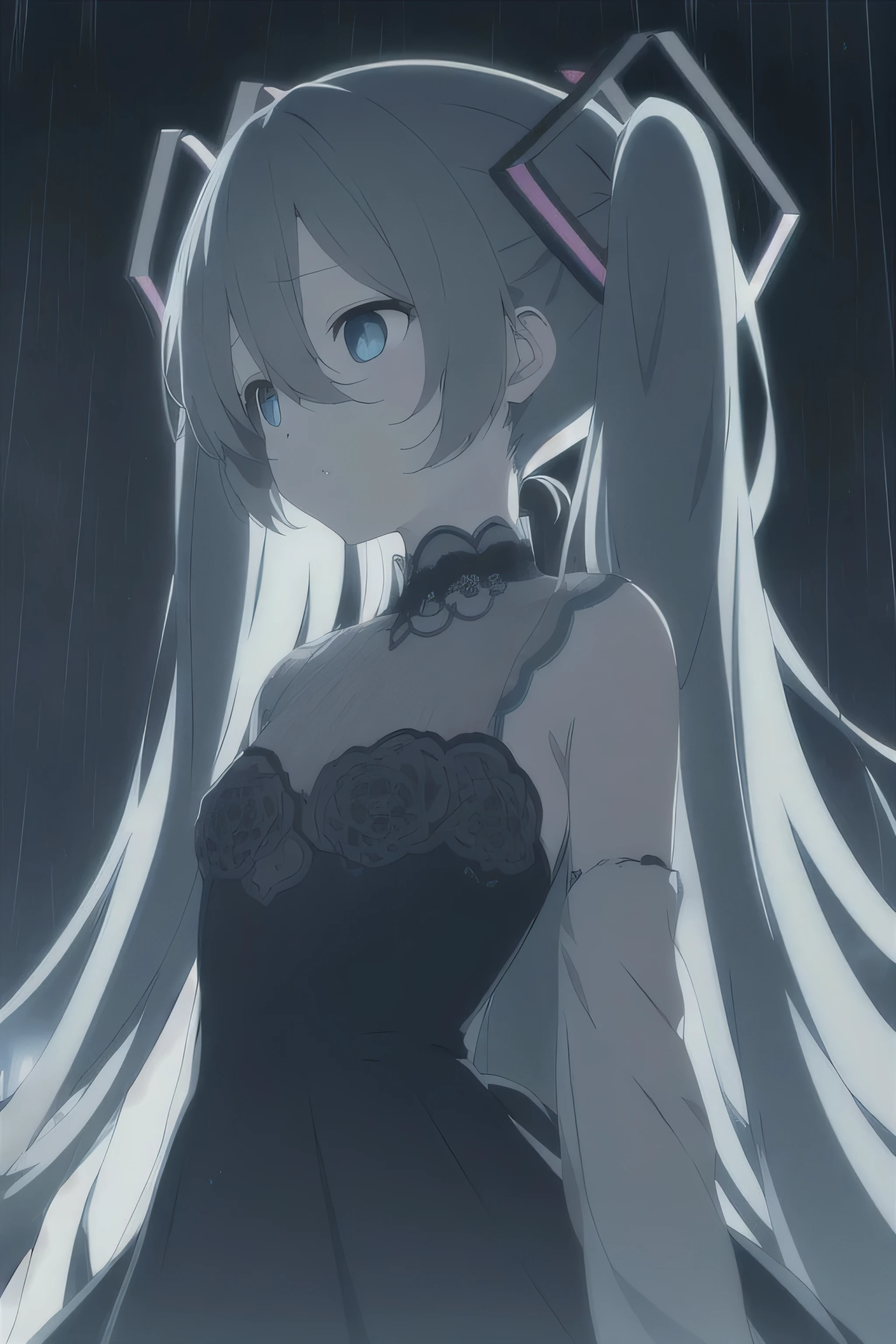 Hatsune Miku、Fallen into Darkness、Hollow Eyes、dress、Expressionless、In the rain、Black and White