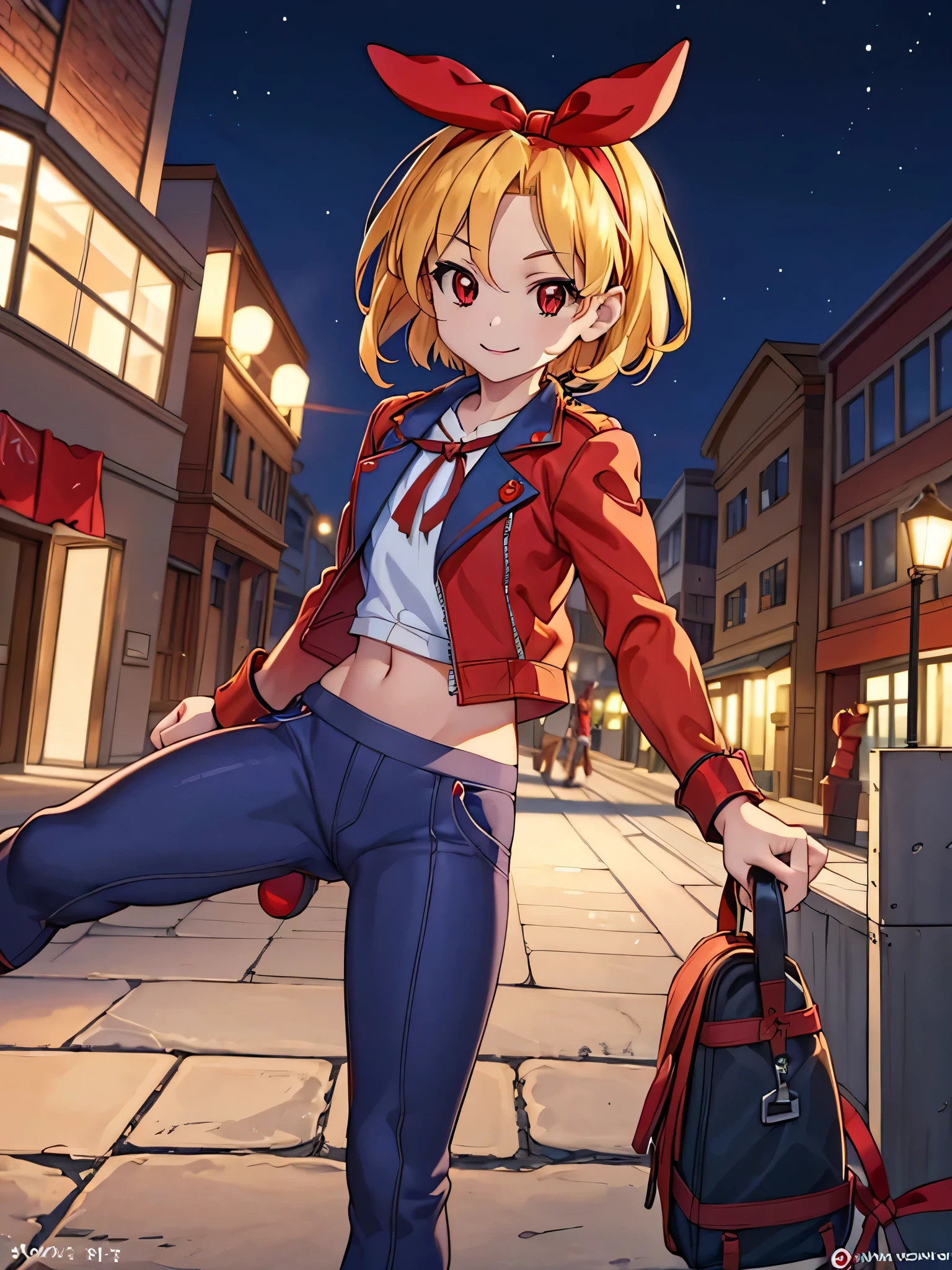 (RED Ribbon on HAIRband:1.2),Cammy SF Style:1.4, pants, pants, Jacket:1.4, often play sports, short hair, standing,red eyes, highest quality, masterpiece, High resolution,view audience,smile ,Street at night,hosimiya ichigo,