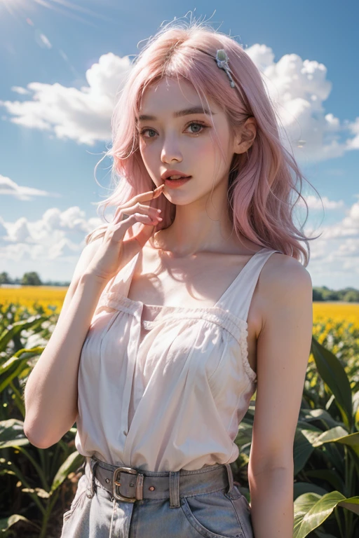 Light pink hair, Pink Eyes, Pink and white, Clouds in the blue sky, Vibrant colors, steampunk, blouse white、Paint Splash, Corn field, Wavy long hair、