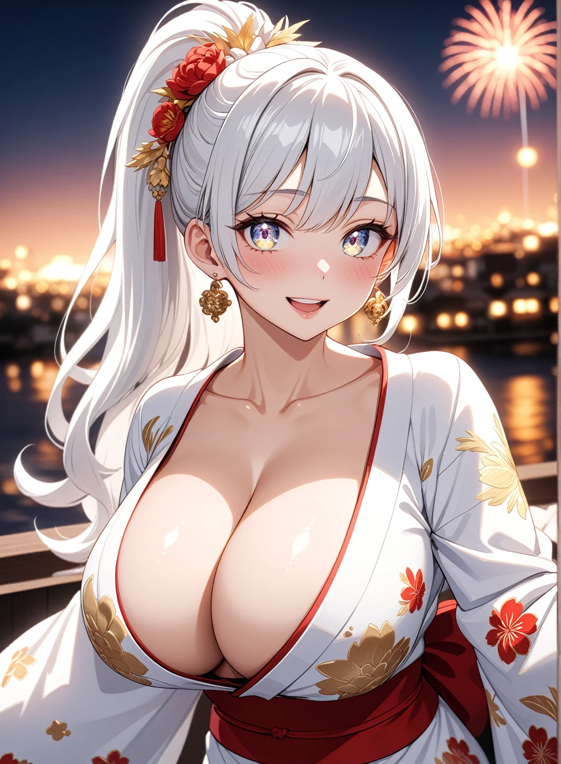 ((one personの女性)), Beautiful Face,Laughing embarrassedly,Laughing with your mouth open,(Bright red cheeks),Glossy pink lips,night,The rooftop of a hotel with a sea view,Houseboat on the sea,firework,((Anime style background)),masterpiece, highest quality, so beautiful, Latest, Complex details, (Pink long nails),(ring),AI-generated, Complex,High resolution, highest quality, super high quality,3D Images、View your viewers、3D Images,one person,Long white hair,High Ponytail,blue eyes,Anime woman posing for a photo, ((Fine grain、Silvery white colorful eyes、Shining Eyes:1.3)),(Squint your eyes:1.1),a hyperRealistic , hyperRealistic , Realistic,Anime woman with long and white hair, Smooth anime CG art, A woman in a colorful kimono with gold embroidery, (White kimono),Red floral pattern,Long flower hair ornament,Big earrings,Mature Body,(Big Breasts:1.1),Tall,Big Ass,Fine details,Narrow waist,Abdominal muscles,Shooting from an angle,(Face close-up:1.2),(clasping their hands in front of their mouth with a delighted expression),