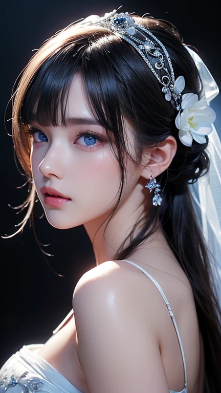 masterpiece, highest quality, Very detailed, To the camera, 複雑に詳細なVery detailed, Realistic, Sharp features, Very detailed, Sharp focus, Perfect Face, Perfect Face, Perfect symmetry and perfect eyes, Perfect Plump Lips, Flexible female form, Cinematic, Film Light, Very detailed, hyper Realistic, masterpiece, Atmospheric, High resolution, Vibrant, Dynamic Studio Lighting, ((Dark Background)), The expression when enduring pleasure, Straight bangs, blue eyes,Looking back,Sexually aroused expressions、White Wedding Dress
