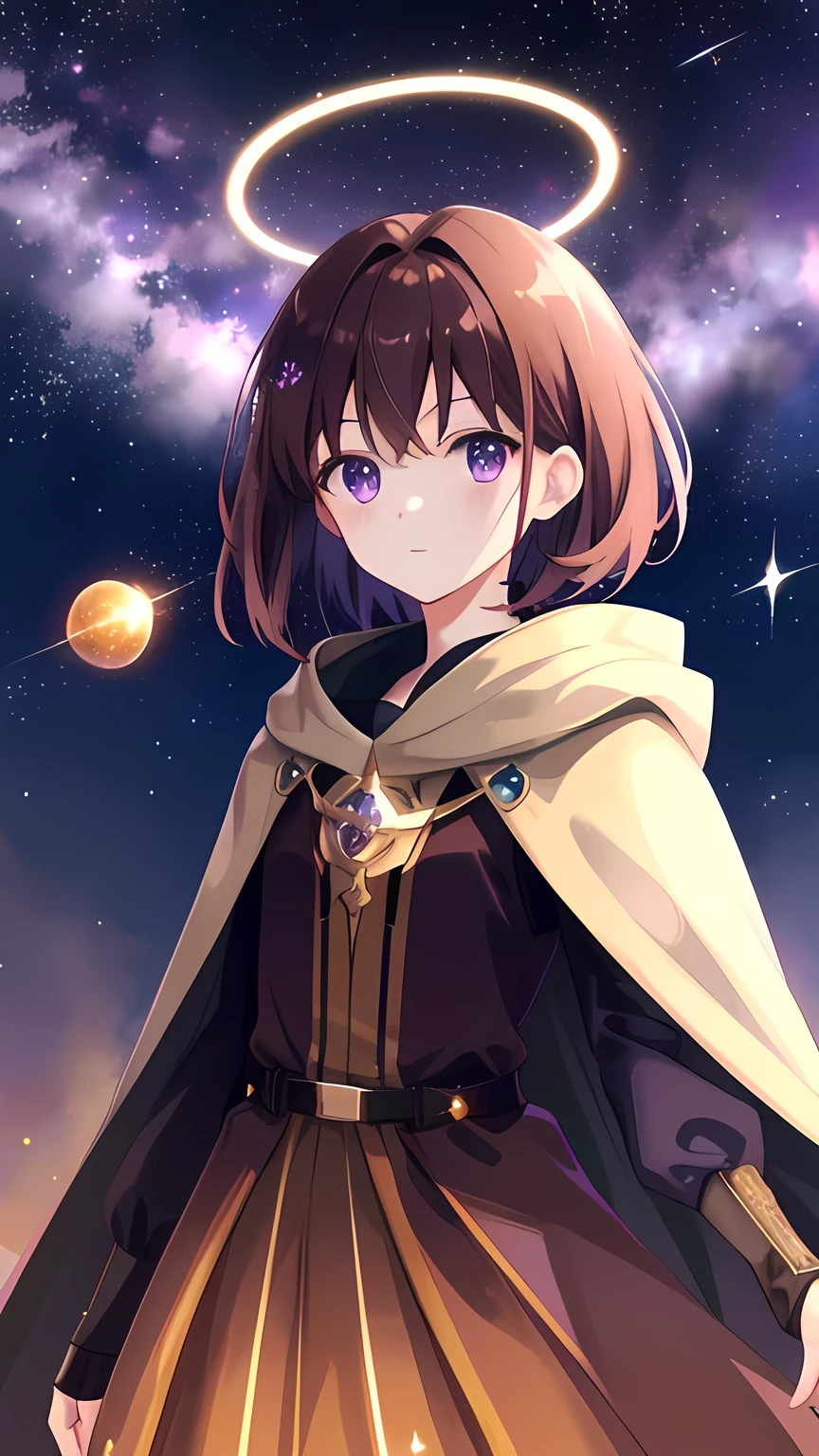 surreal, masterpiece, 4k, an anime girl, short brown hair, purple eyes, Brown hair, cloak, magic, meteor shower background, night, close-up, halo above head