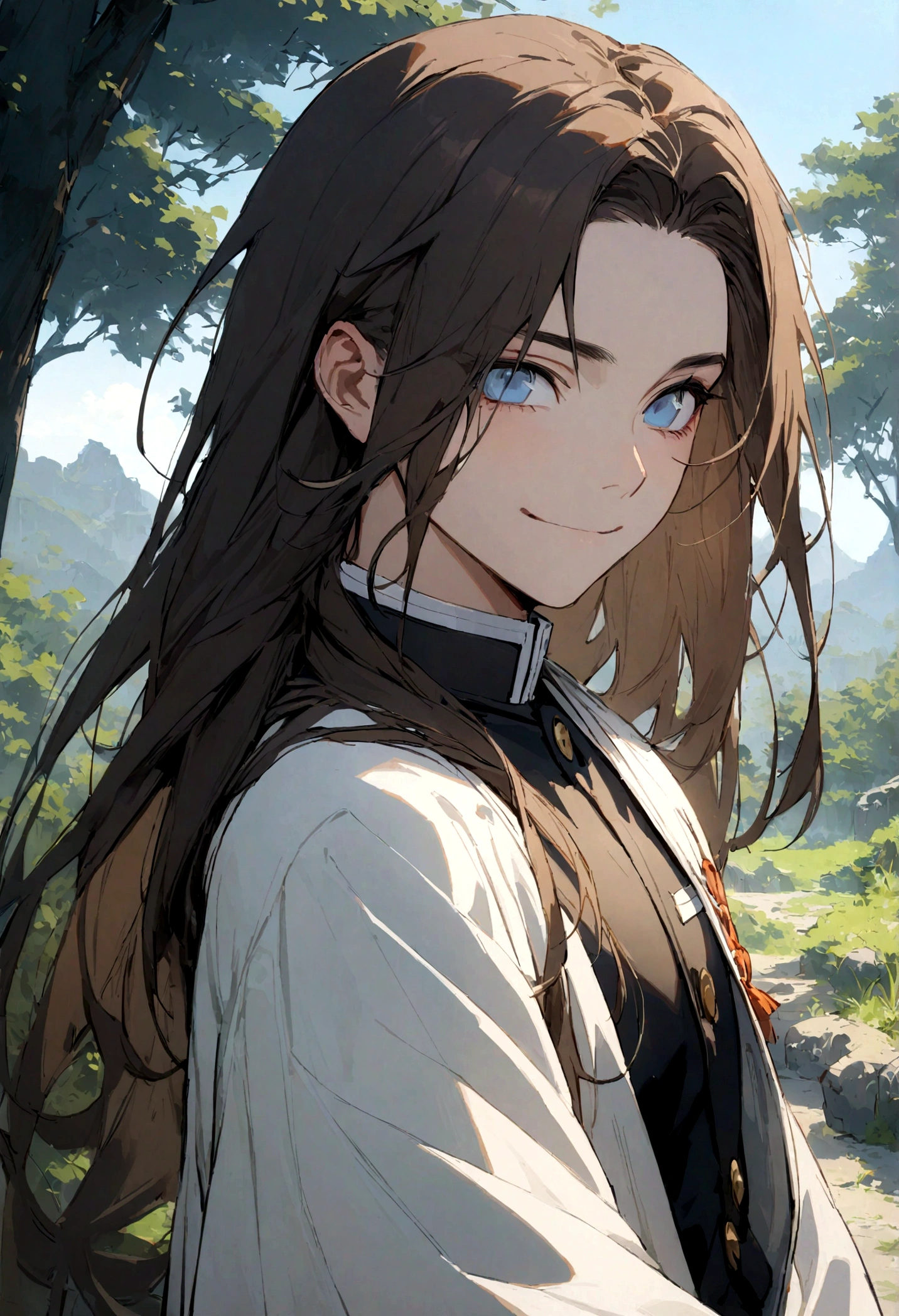 demon slayer, 1 boy, alone, upper body, sky, nature, tree, male focus, long hair, smile, brown hair, blue eyes, long sleeves, demon slayer uniform, outdoors, day, best quality, masterpiece