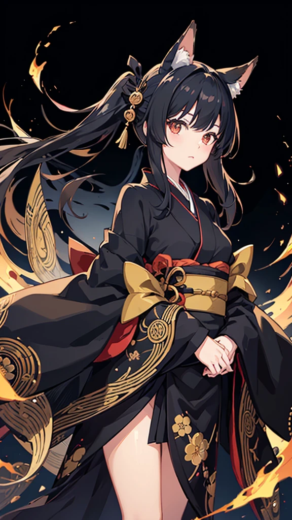 Black hair and fox ears、anime、One woman、Black Ribbon、kimono、kimono、Hime cut、anime tone、beautiful girl、Standing front view、best quality、high quality、good anatomy、good hands、good body