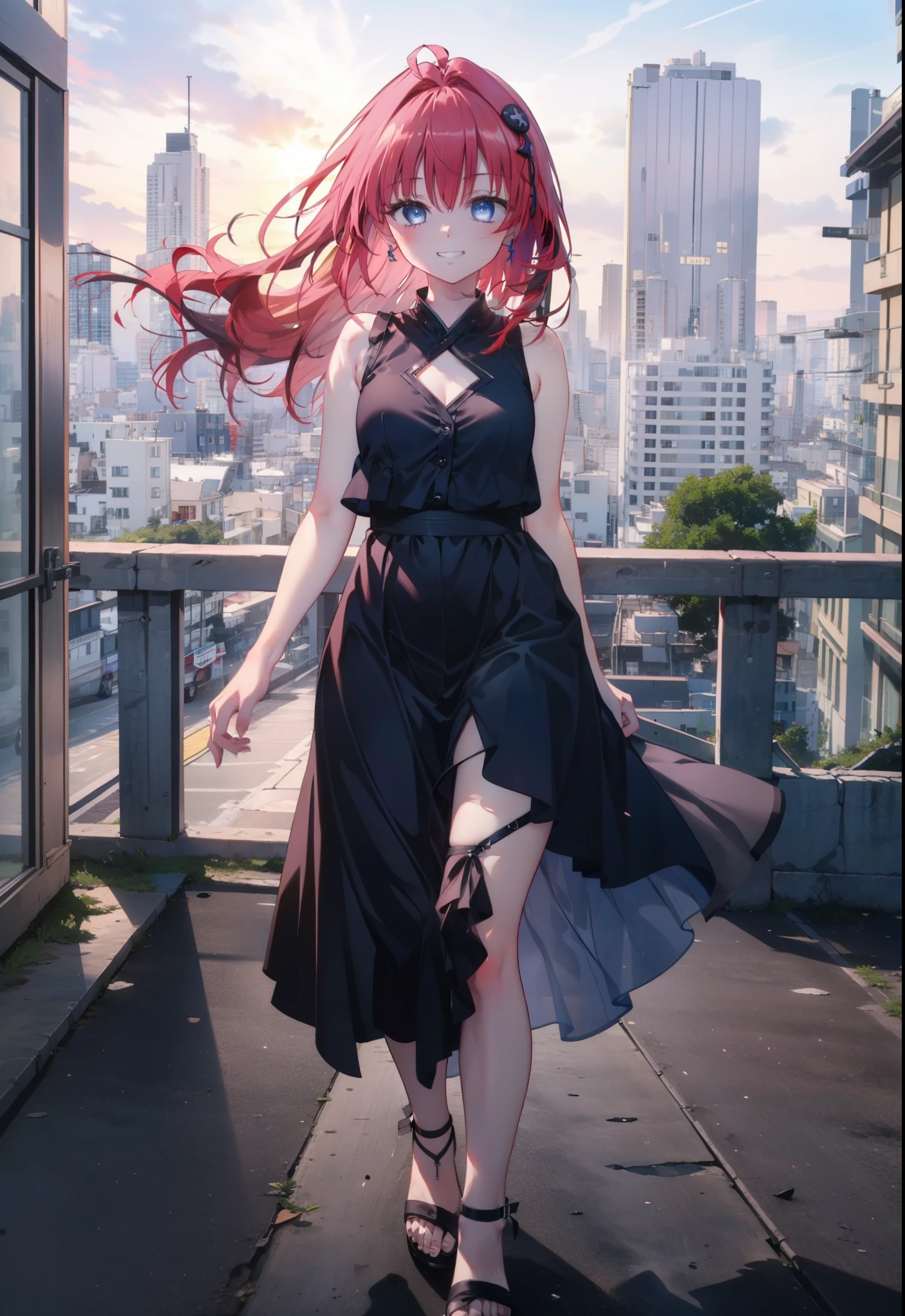 (masterpiece, highest quality:1.2),shape,8k,High resolution,kurosaki mea,Red Hair,Long Hair,Purple eyes,1 girl,Grin,smile,Sleeveless black dress,Bare arms,black long skirt,Cute Sandals,walking,evening,Sunset,The sun is setting,
break looking at viewer,whole body, (Cowboy Shot:1. 5)
break outdoors, Coastal Road,
break (masterpiece:1.2), highest quality, High resolution, unity 8k wallpaper, (shape:0.8), (Beautiful and beautiful eyes:1.6), Highly detailed face, Perfect lighting, Extremely detailed CG, (Perfect hands, Perfect Anatomy),