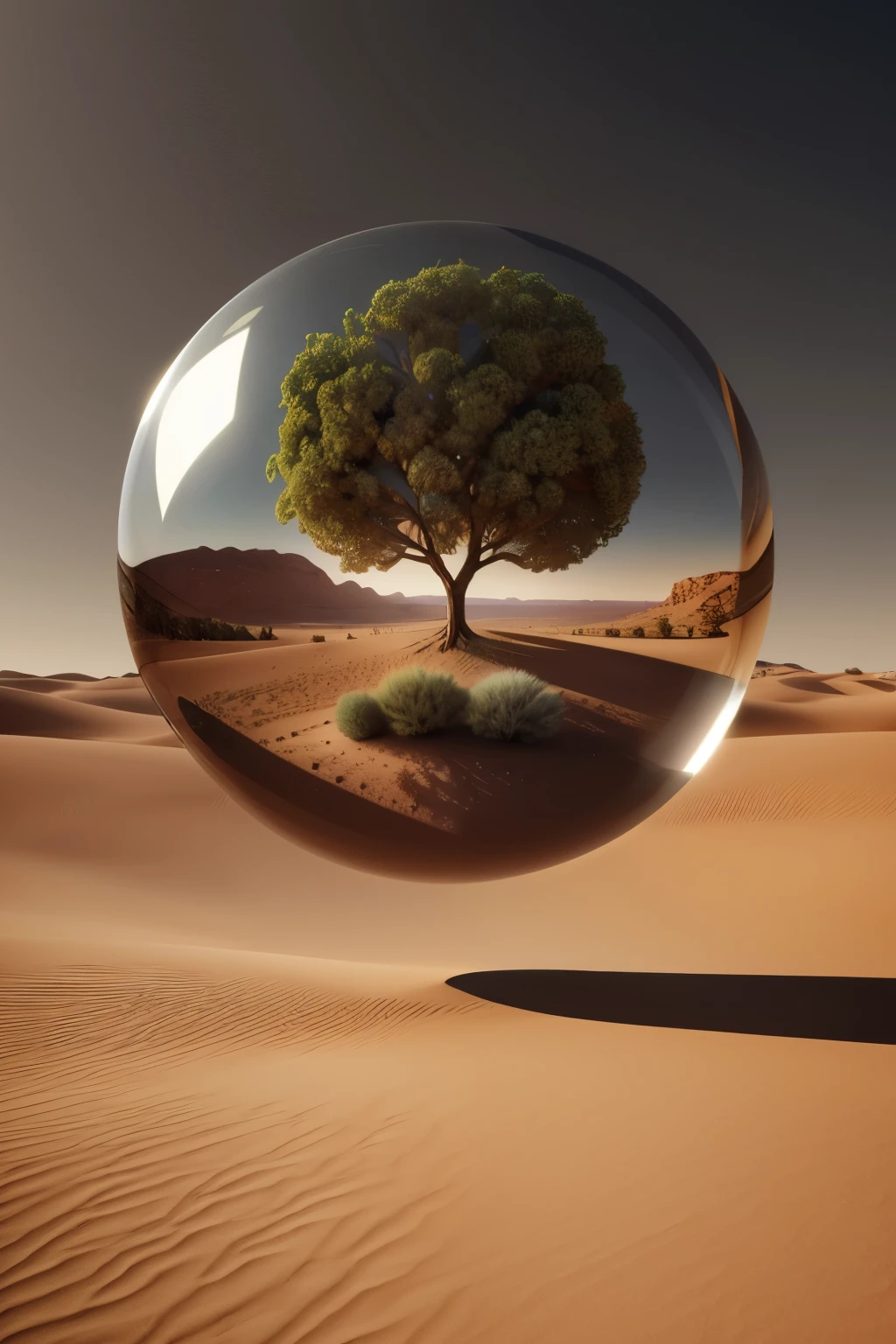 arafed image of a tree inside a glass ball on a desert landscape, tree of life inside the ball, surrealistic digital artwork, surrealism 8k, surreal digital art, surreal art, surreal 3 d render, 3d render digital art, marc adamus, surreal concept art, 3 d render beeple, stylized digital art, 4 k surrealism