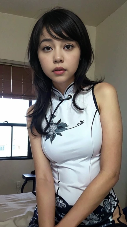 （White printed cheongsam），Tight cheongsam，Slim cheongsam，Sexy cheongsam, 个Medium Breast Girl，Stunning beauty，（Behind the arm：1.1），（realisticlying：1.7），（（best qualtiy）），absurderes，（Ultra-high resolution），（realisticlying：1.6），realisticlying，rendering by octane，（Hyper-realistic：1.2），（photo-realistic face：1.2），（8K），（4K），（tmasterpiece），（realistic skin textures），（illustratio，cinematic lighting，the wallpaper），（beautiful eyes：1.2），（s the perfect face））），（adolable），（standing on your feet），（brunette color hair），黑The eye，Redlip，（exteriors），