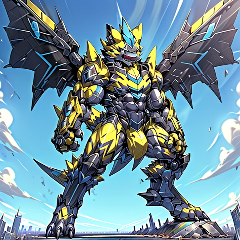 (masterpiece. official art. 8k. best quality. detailed full body. full body.)

(situation 1 : dominating zeraora. Zeraora is over 1000 meters long. focus GIANT mechanical Muscular Zeraora is trampling the city. Looking down. macro. stomp. Low-angle perspective. emphasizing the immense size.)

(situation 2 :smoke and flames rising from the destruction in the city)

(Additional details 1: wearing a full-face helmet. high-tech bio-mecha armor. real texture material. whole body shines like metal. Wearing cyberpunk mecha. emphasizes the muscles. suit fully made of metal. intricate armor. Robotic suit. suit fully made of metal. cyborg. Powered exoskeleton with the same design as Zeraora).

(Additional details 2: (Detailed head. Detailed Body. Detailed abs. gigantic muscles. HYPER MUSCLES. Gigachad Muscular. big muscle. pecs. triceps. traps. unusually developed muscular body. body full of huge muscles. showing off muscles. pectorales enormes. Exaggeratedly huge muscles. huge muscles. long legs.).

(Additional details 3: Spread wings. It has wings. have big wings. The claws are sharp. Sharp teeth.5 toes.).

(Additional details 4: black color hyper penis. hyper black penis. big penis) Vibrant colors, Furry Heroes, Main is yellow COLOR.