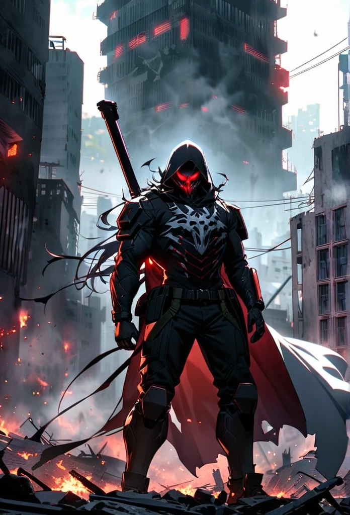 The highest quality, perfect masterpiece, perfect art, 8K, 1male, super hero, Japanese, long black cape, black hood, night, serious, cold, masked, red eyes, on top of a building, vigilante, trained physique, ninja style, black suit all over the body, agile, light silver armor, Tokyo, HQ