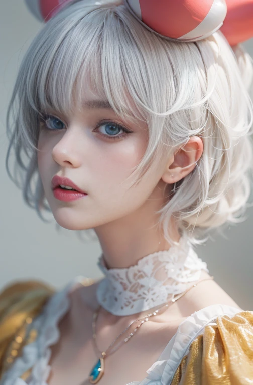 28 years old, Close-up portrait of a woman in a colorful clown costume、Shoulders out、thin、Serious expression、Short-haired、Deadly position, Gorgeous Necklace, Light milky porcelain skin, Smooth, Translucent white skin, Enchanting anime girl, Beautiful and seductive anime woman, Ultra realistic sweet bunny girl, Pale porcelain white skin, Smooth, Realistic and perfect body, Anime Girl Cosplay, Perfect body with realistic shadows, Switzerland'masterpiece