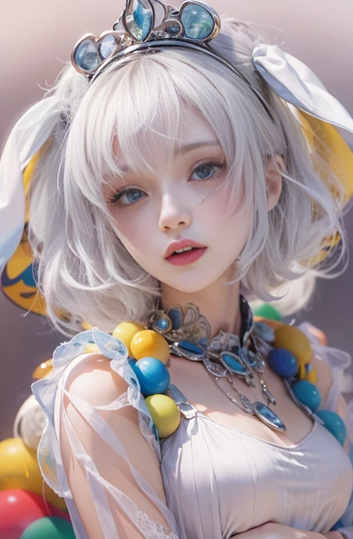 28 years old, Close-up portrait of a woman in a colorful clown costume、Shoulders out、thin、Serious expression、Short-haired、Deadly position, Gorgeous Necklace, Light milky porcelain skin, Smooth, Translucent white skin, Enchanting anime girl, Beautiful and seductive anime woman, Ultra realistic sweet bunny girl, Pale porcelain white skin, Smooth, Realistic and perfect body, Anime Girl Cosplay, Perfect body with realistic shadows, Switzerland&#39;masterpiece