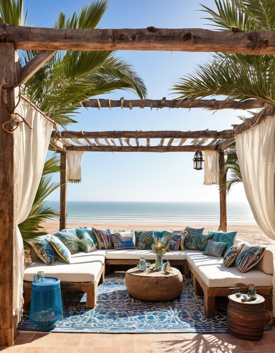 rustic-style outdoor lounge with pergola , beach house with a deck morocco authentic. style textiles , palm trees