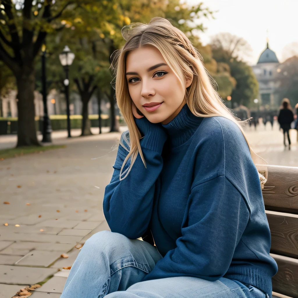 Hyperrealistisches selbstportrait von Emily Sears, Meisterwerk, Best quality, Create dystopian Meisterwerks. beautiful woman, schlank, (realistisches blondes Haar), detailliertes Gesicht, Alter von 20 Jahren, in a park with people, (wearing blue jeans and a brown pullover), not naked, sitting on a bench, people around, one hand behind the head, smiling