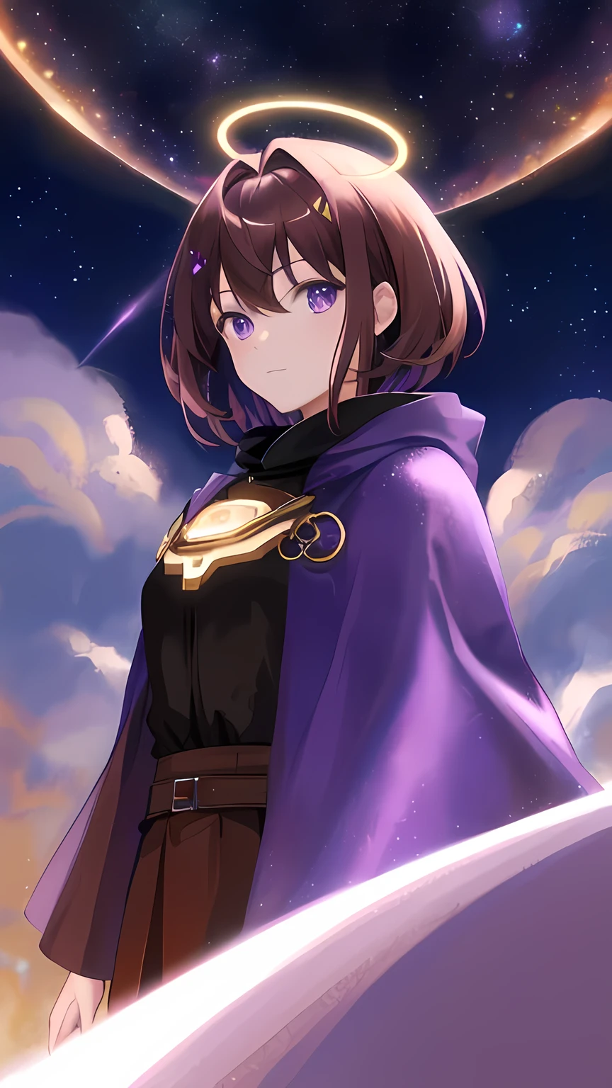 surreal, masterpiece, 4k, an anime girl, short brown hair, purple eyes, Brown hair, cloak, magic, meteor shower background, night, close-up, halo above head