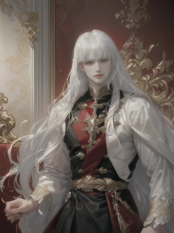 ((pale skin))(((male with sharp siren eyes)))((((very white white hair glowing))))(((blunt blunt bangs))) ((long very very wavy hair)) ((wide shoulders man))((very wavy hair))((office))((manly yet soft face))((handsome face))(((VERYred red eyes)))((rectangle face shape))((SHARP JAW LINE)) ((THIN EYEBROWS))((ROSES)) ((SOFT FEATURES WITH DEFINED SHARP JAWLINE))((GLOWING ETHEREAL)) ((RED RED detailed SIREN EYES MALE SEXY EYES)))((elegant))((soft look))((close up one male only))((wavy hair)) ((square face))((wide face))((blunt bangs))((french))(((blunt bangs)))((Elegant inside mansion gold red BACKGROUND))