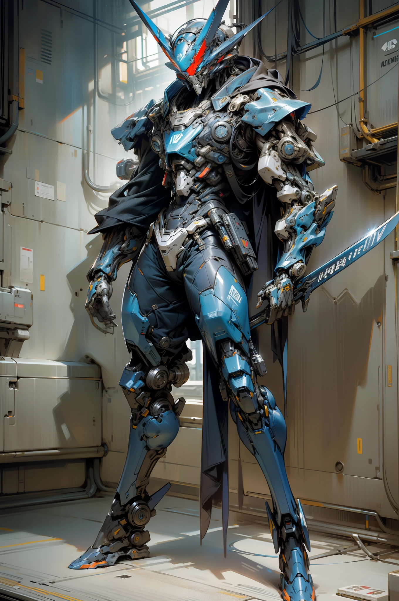 1man, solo, ((color:dark blue)), blue chrome mecha, full body metal, cyberpunk assassin, full body panel, best quality, masterpieve, UHD, anatomically correct, hold a big futuristic sword, sit on king throne