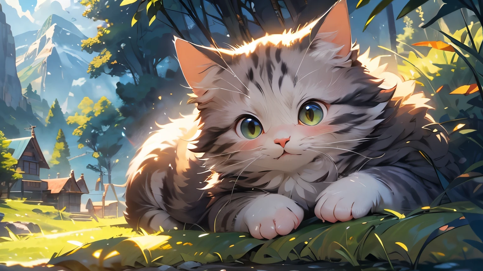 A beautiful mountain landscape in the morning, a cute cat in the foreground basking under the sun, a detailed cat, detailed mountains, lush greenery, warm sunlight, detailed fur, whimsical, serene, anime style, 8k, high quality, intricate details, vibrant colors, dramatic lighting