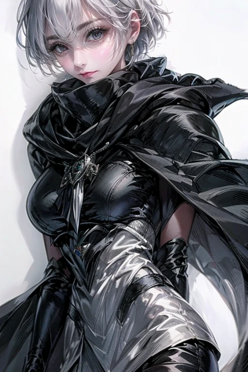 1girl,solo,cool,silver hair,short hair,she is thief,phantom thief,cloak,