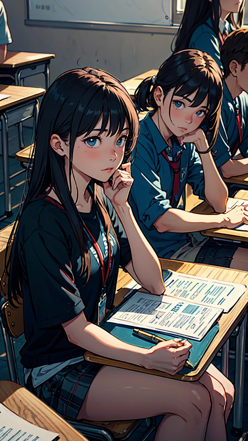 A group of students sat in a classroom, both male and female, close up