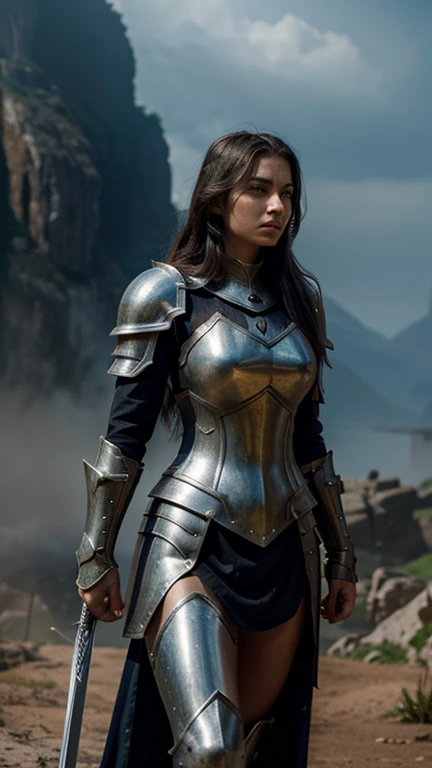 A professional photograph, portrait of action hero, she's <lora:KMG:1>, beautiful elven woman wearing a knightly armor, Katie's an elven paladin on her way to Rivendel, ornate elven armor, silver colored plate with gilded details, ancient elven-warrior woman, black hair, stunningly beautiful, athletic body, she's posing like it's instagram, posing in a road in the green fields on a sunny day, action film shot, award winning shot, cinematographic lighting. Action scene, masterpiece, 4k, 8k. absurdres