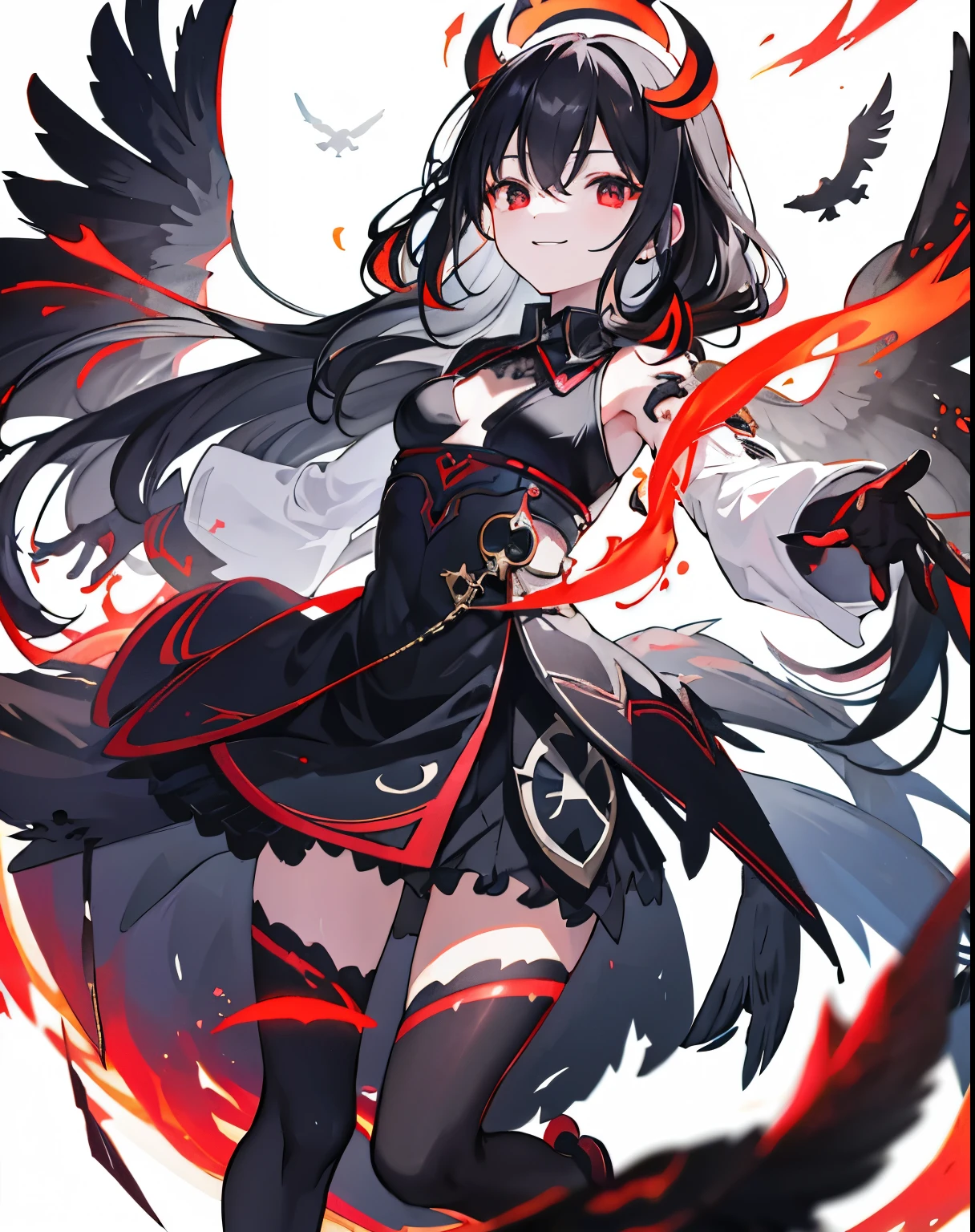 Art Station, White Background, Long black hair、Standing in the Wilderness,whole body、Equipped with Crow Gauntlets、triumphant smile、Small breasts、, As if smoke and shadows were given shape, Wings made from giant crows, Dancing crow feathers, Many glowing red eyes, Shadow Claw, Supernatural Lightning and Fire, ((black sun)), 8K High Resolution, トレンドArt Station, whole body,Black ruffled dress、A whirlpool of countless red-eyed crows、Nova explosion、Black Hole