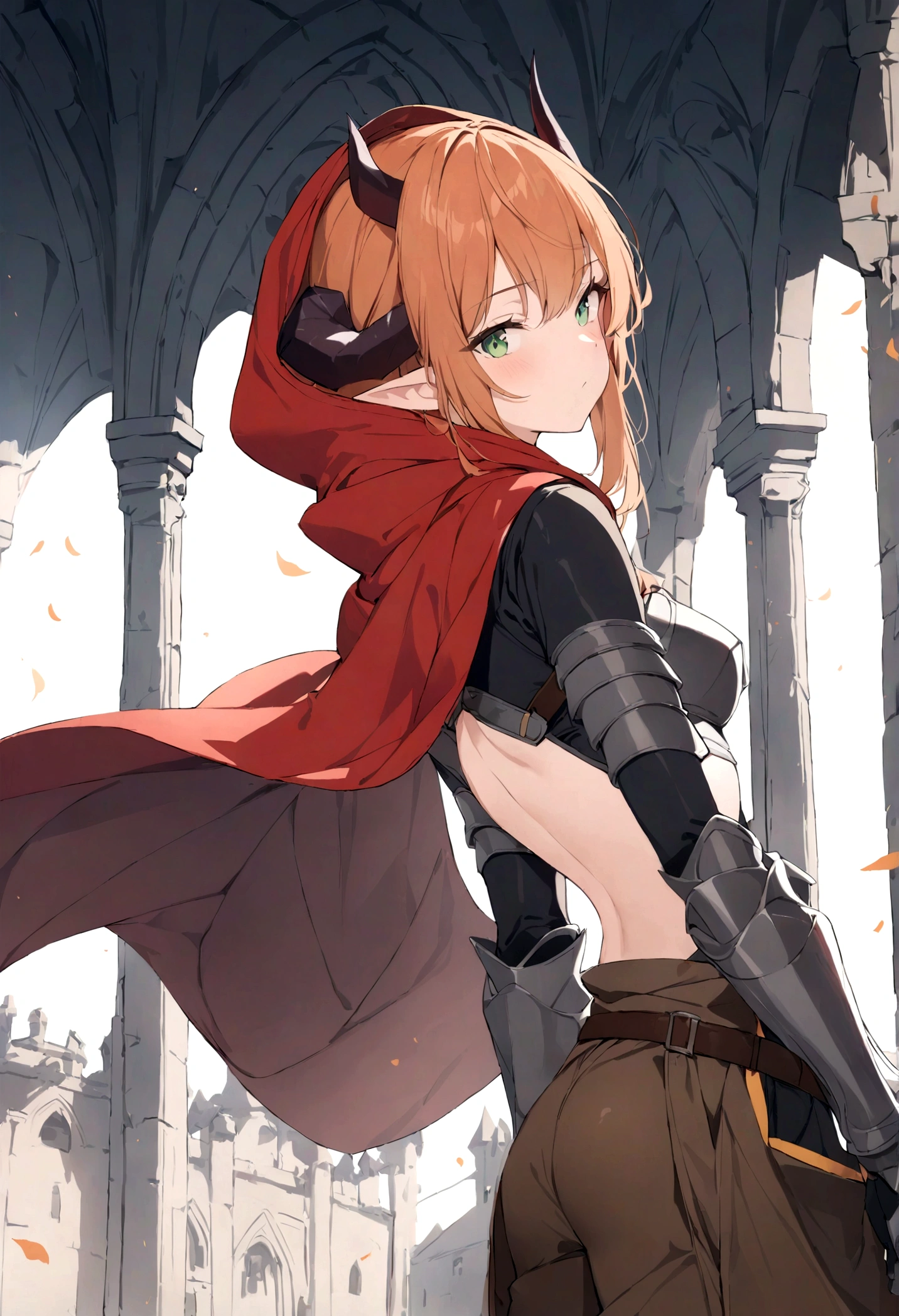 (1girl, Masterpiece, best quality) A young elf female with (long length intense orange hair and sharp side-swept fringe). Neutral, sligthly serious expression. Her attire includes a red cloak with yellow trim that covers a (medieval-style brown and gray chest piece). She has green eyes. She has a brown belt cinched around her waist. She wears brown pants with armored greaves.. (She's wearing a red hood ((with attached (gray horns tilted back) to hood.)).)