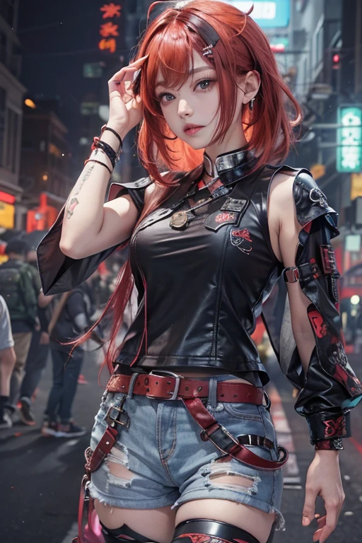 Sleeveless、tattoo、真っred、本当にredい、red、red-haired、corruption、red hairs、Headphones、🎧、Goth_punk, One Girl, alone, Medium Shot, Stroll around Harajuku, ((At night)), Bokeh Depth of Field, Neon Light, 虹のeye, Starry Sky, red glowing hair, Black eyebrows, Radiant hair, (iridescent red hair), 耳Nipple Ring, prohibit, gem, mask, 鈍い前hair, Field'eye, 口mask, Blurred背景, Blurred, hair adornments, Look at the viewers, shorth hair, Portraiture, Side Lock、Goth、(Tabletop), (Portraiture), (beautiful), (beautiful), (Upper blood), (high quality), (beautiful衣服), (Professional perspective), (Three-part method), (feminine), (woman), (woman), (beautiful),(feminine features), (Age 25), alone, woman1名, (Charming punk girl), Winters, Dramatic Light, ((I'play the guitar)), (Are standing), anddgy makeup, (Small breasts), ((Electric guitar)), (Front Face), (resistance的な表情), ((resistance)), (レザージャケットとtattoo), ((Short hair)), (dyed (and.G. and pink) hair), (spiky hair), (Thick hair), Matte shine hair, (Hair bands scattered in the hair), (Green eyes), (A bold and daring look), (Pale skin), (Dark clothing), (Band T-shirts), (Ripped jeans), (-), Crew neck), ((Urban alley background)), (Close-up shot), beautiful hands, both hands, Normal hand, Two Arms, Complete Hand, beautiful body, beautiful fingers, Normal finger, Five Fingers, Five Fingers, (Thumb Index Finger Ring Finger), beautiful ears, Normal ear, beautiful eyes, 輝くeye, beautiful mouth, beautiful lips,