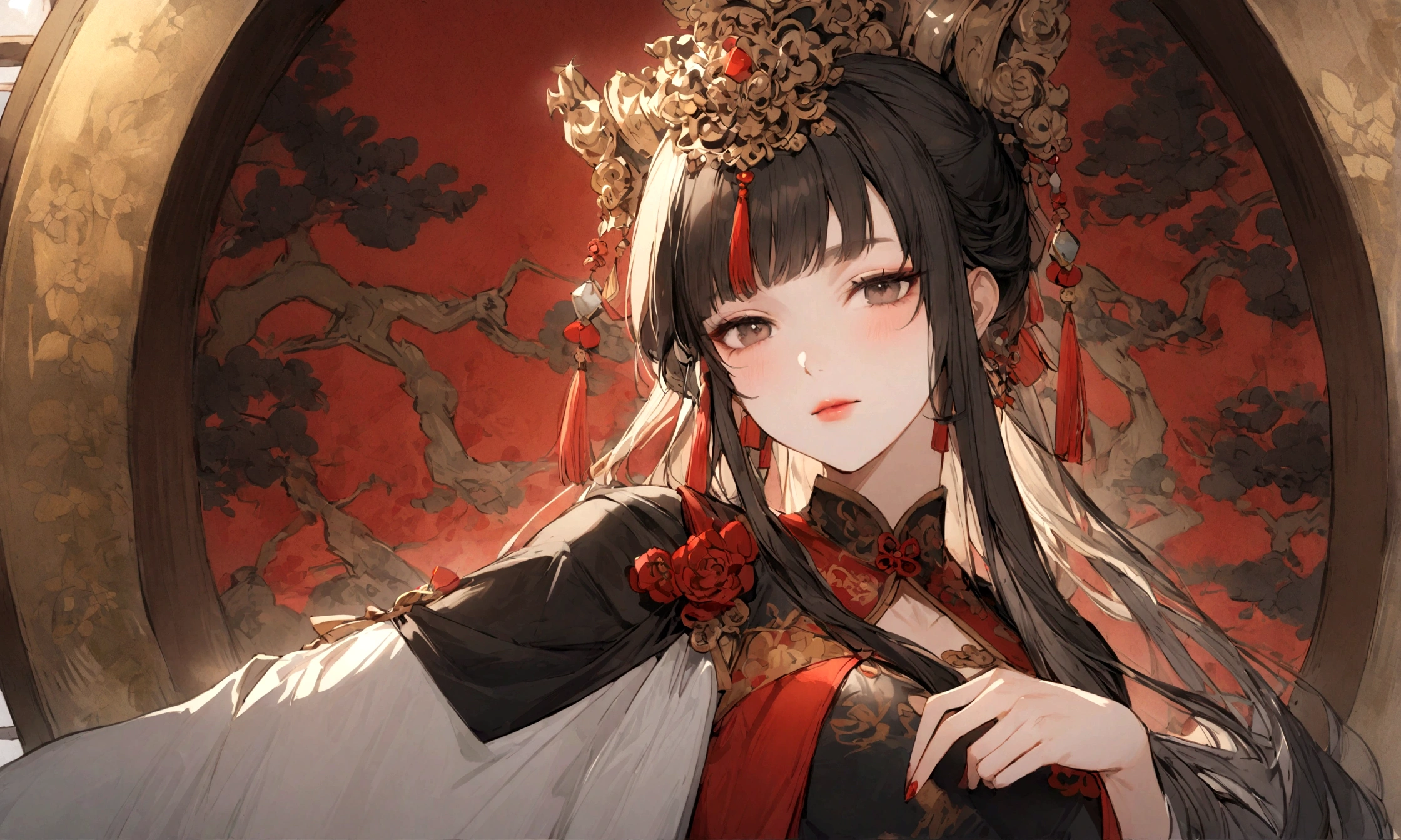 A woman in a black dress、Close-up of a woman wearing a red belt, Traditional Beauty, Beautiful Chinese model, cheongsam, Beautiful fantasy queen, Wearing ancient Chinese clothes, 穿着Chinese Clothing, Chinese Beauty, Chinese Clothing, Hanfu, Chinese, Black and red silk dress, Chinese Girl, palace , a girl in Hanfu