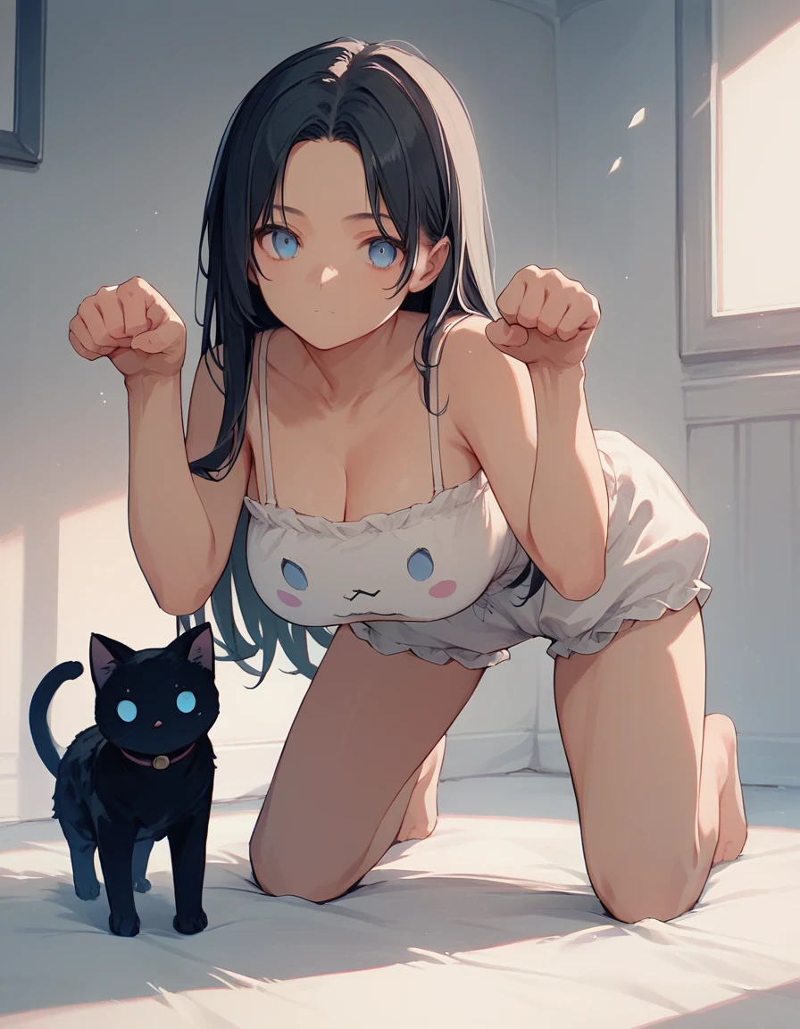 score_9, score_8_up, score_7_up, score_6_up, source_anime,  1girl,
white bloomers, white camisole, print,
black hair, long hair, blue eyes, looking at viewer, large breasts, 
all fours, paw pose, black cat,