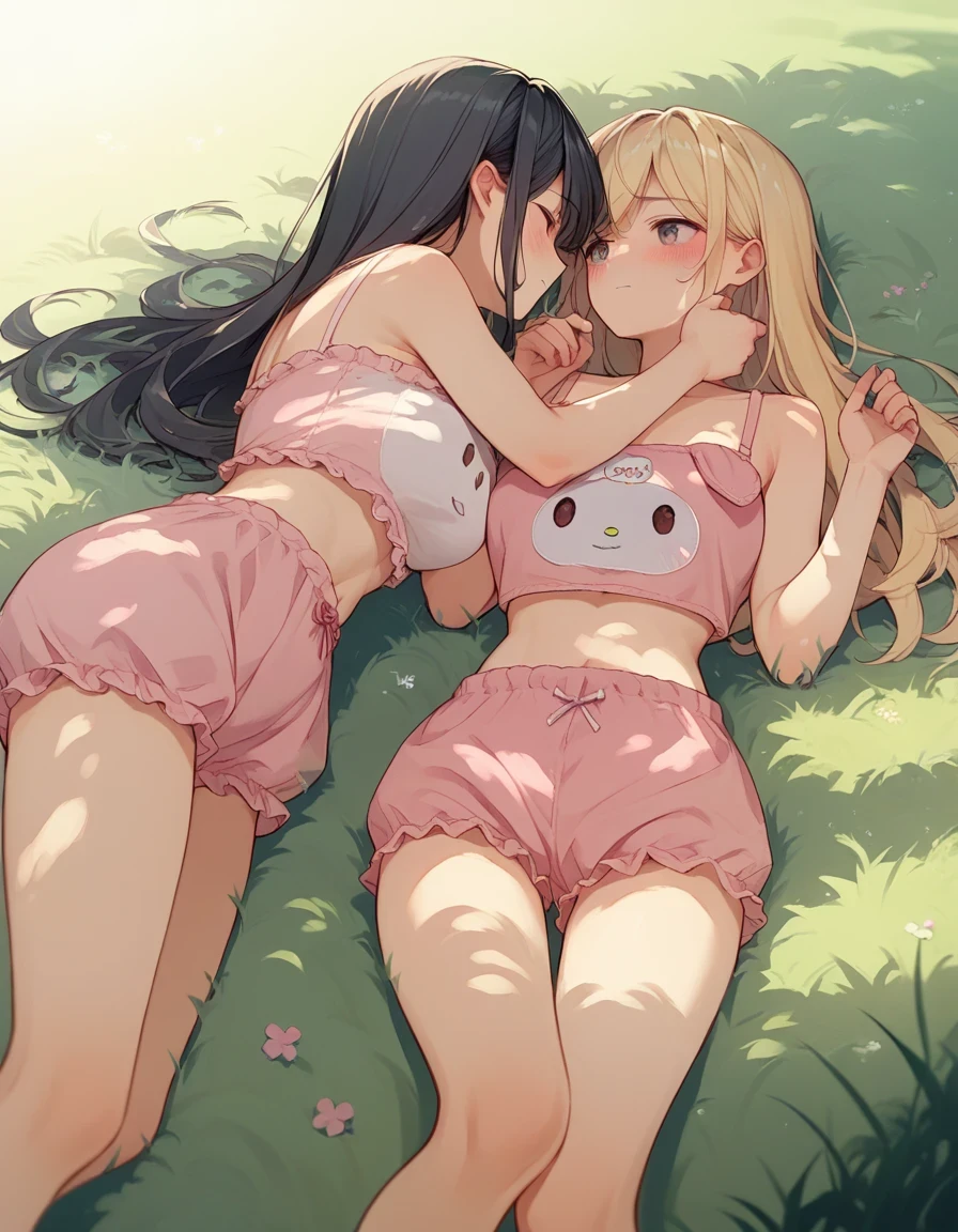 score_9, score_8_up, score_7_up, score_6_up, source_anime,  2girls, lying, pink bloomers, pink camisole, grass, dappled sunlight, 
large breasts, long hair, print camisole, 
blonde hair, black hair, blush, yuri,