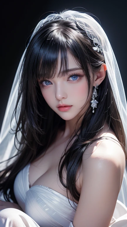 masterpiece, highest quality, Very detailed, To the camera, 複雑に詳細なVery detailed, Realistic, Sharp features, Very detailed, Sharp focus, Perfect Face, Perfect Face, Perfect symmetry and perfect eyes, Perfect Plump Lips, Flexible female form, Cinematic, Film Light, Very detailed, hyper Realistic, masterpiece, Atmospheric, High resolution, Vibrant, Dynamic Studio Lighting, ((Dark Background)), The expression when enduring pleasure, Straight bangs, blue eyes,Exposed thighs,Sexually aroused expressions、White Wedding Dress