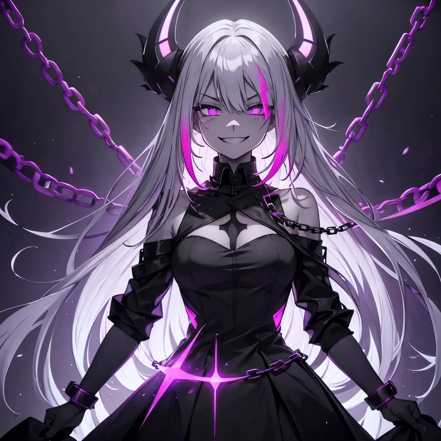 1 girl, wallpaper, full picture, Grey wall background, Dark picture, destroyed wall background, asymmetrical hair, White hair, multicolored hair, long hair, psycho smile, evil_smile, dark purple eyes, Side view, I look at the viewer, long chain shackles, Neon lights in the background, , grin, tousled hair, black dress