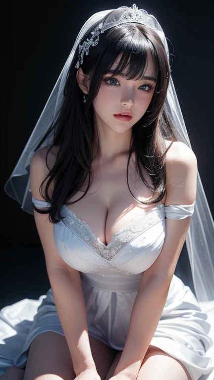 masterpiece, highest quality, Very detailed, To the camera, 複雑に詳細なVery detailed, Realistic, Sharp features, Very detailed, Sharp focus, Perfect Face, Perfect Face, Perfect symmetry and perfect eyes, Perfect Plump Lips, Flexible female form, Cinematic, Film Light, Very detailed, hyper Realistic, masterpiece, Atmospheric, High resolution, Vibrant, Dynamic Studio Lighting, ((Dark Background)), The expression when enduring pleasure, Straight bangs, blue eyes,Exposed thighs,Sexually aroused expressions、White Wedding Dress
