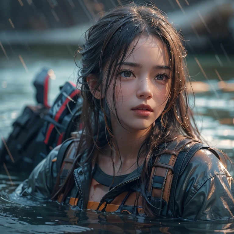 A girl with wet hair and wet skin wearing wet clothes, Realistic assault rifle in hand. Portraits should have attention to detail, high quality, 4K or 8K resolution, Similar to Masterpiece. The skin texture should be realistic and the overall image should have a photorealistic style. The colours must be vibrant, The lighting should emphasize the wetness of the hair.., skin, And clothes.Soak waist-deep in the river