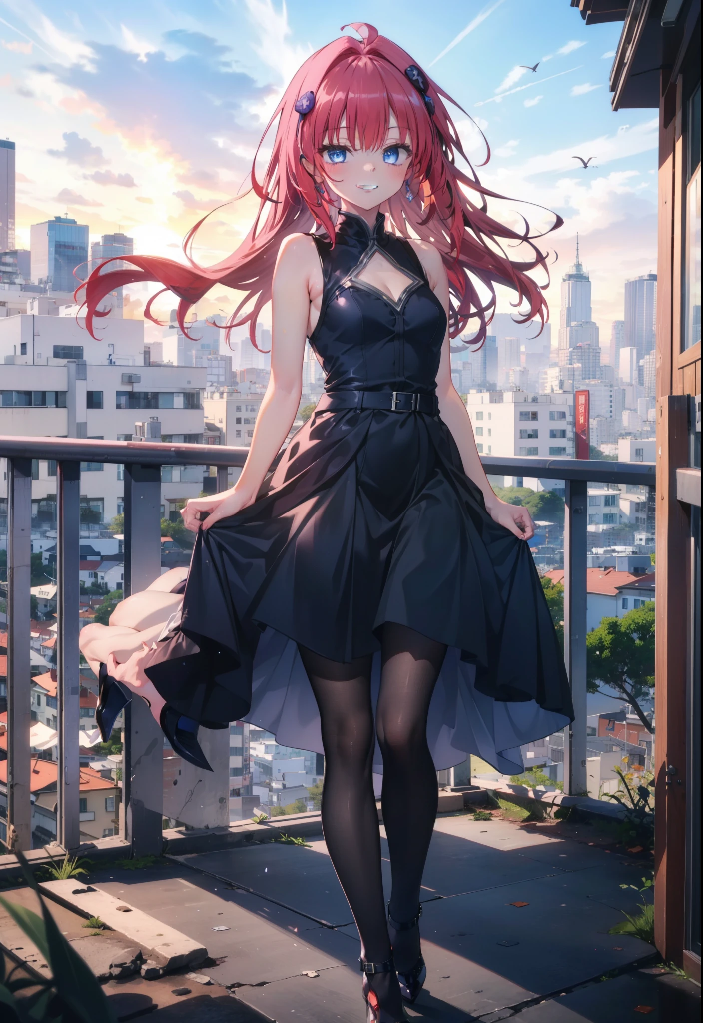 (masterpiece, highest quality:1.2),shape,8k,High resolution,kurosaki mea,Red Hair,Long Hair,Purple eyes,1 girl,Grin,smile,Sleeveless black dress,Bare arms,black long skirt,Black pantyhose,Stiletto heels,evening,Sunset,The sun is setting,
break looking at viewer,whole body, (Cowboy Shot:1. 5)
break outdoors, Coastal Road,
break (masterpiece:1.2), highest quality, High resolution, unity 8k wallpaper, (shape:0.8), (Beautiful and beautiful eyes:1.6), Highly detailed face, Perfect lighting, Extremely detailed CG, (Perfect hands, Perfect Anatomy),