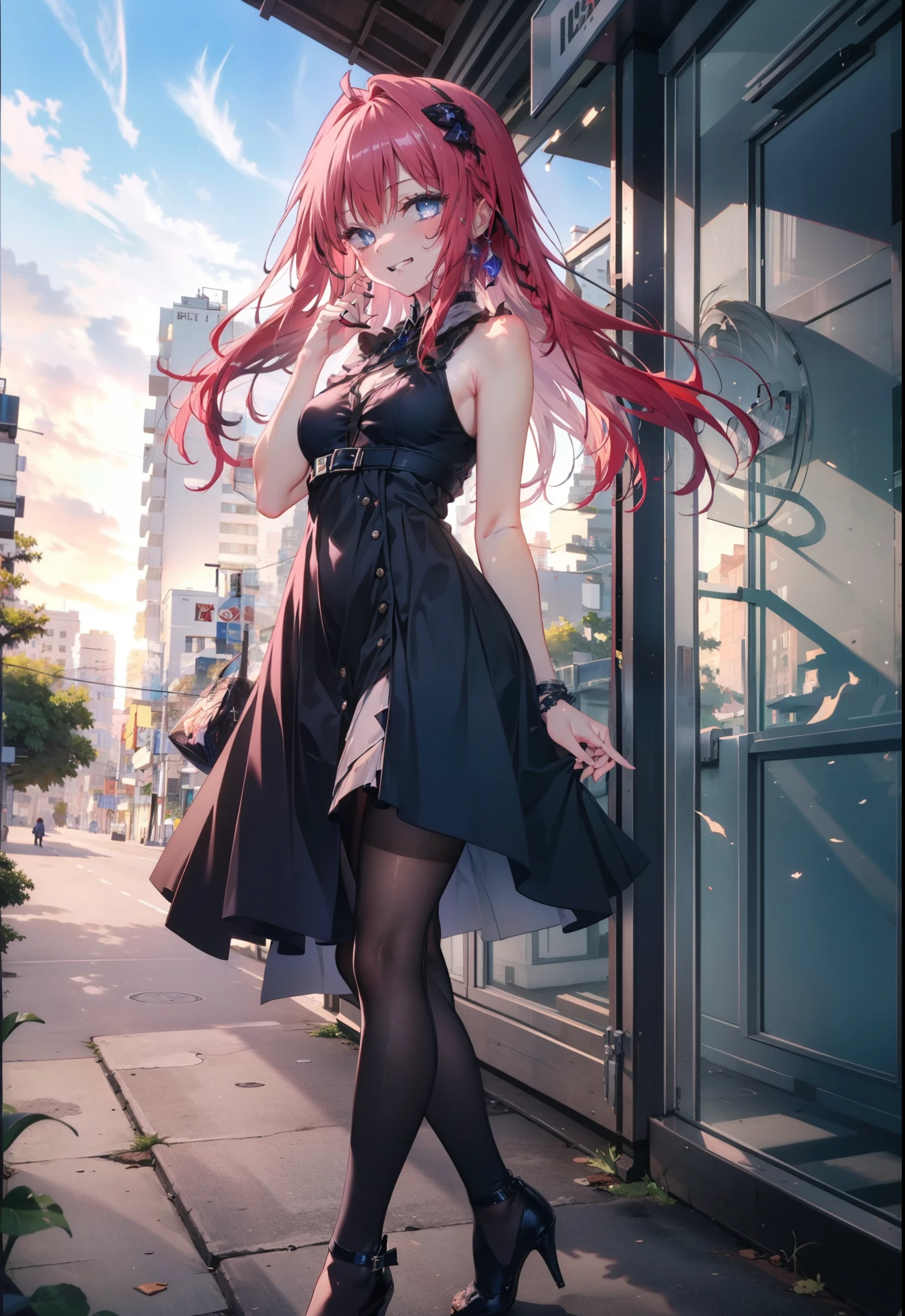(masterpiece, highest quality:1.2),shape,8k,High resolution,kurosaki mea,Red Hair,Long Hair,Purple eyes,1 girl,Grin,smile,Sleeveless black dress,Bare arms,black long skirt,Black pantyhose,Stiletto heels,evening,Sunset,The sun is setting,
break looking at viewer,whole body, (Cowboy Shot:1. 5)
break outdoors, Coastal Road,
break (masterpiece:1.2), highest quality, High resolution, unity 8k wallpaper, (shape:0.8), (Beautiful and beautiful eyes:1.6), Highly detailed face, Perfect lighting, Extremely detailed CG, (Perfect hands, Perfect Anatomy),