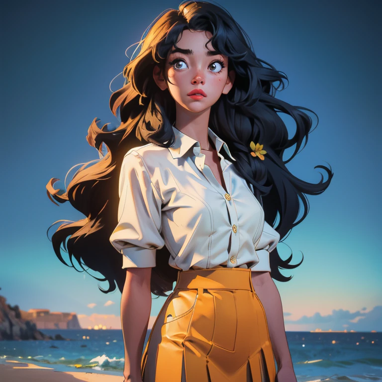 Ultra-realistic, 4k, professional photo, 22 year old girl, black girl, big curly hair, HDR, detailed face, medium body, yellow skirt with flower, (open unbuttoned blue shirt), Masterpiece, (lighting), (1solo), beach background, realistic background, realistic photo, topless