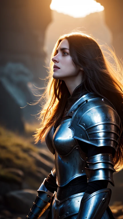 a female warrior, medieval fantasy knight, heavily armored, holding a sword, fierce expression, long flowing hair, intricate armor details, bright magical energy, dramatic lighting, cinematic pose, epic landscape background, (best quality,4k,8k,high resolution,masterpiece:1.2),ultra-detailed,(Realistic,photoRealistic,photo-Realistic:1.37),fantasy art, digital painting, dramatic colors, dramatic lighting