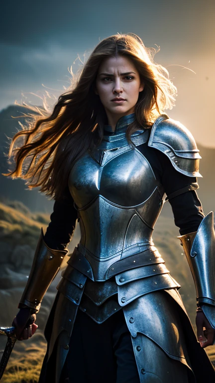 a female warrior, medieval fantasy knight, heavily armored, holding a sword, fierce expression, long flowing hair, intricate armor details, bright magical energy, dramatic lighting, cinematic pose, epic landscape background, (best quality,4k,8k,high resolution,masterpiece:1.2),ultra-detailed,(Realistic,photoRealistic,photo-Realistic:1.37),fantasy art, digital painting, dramatic colors, dramatic lighting